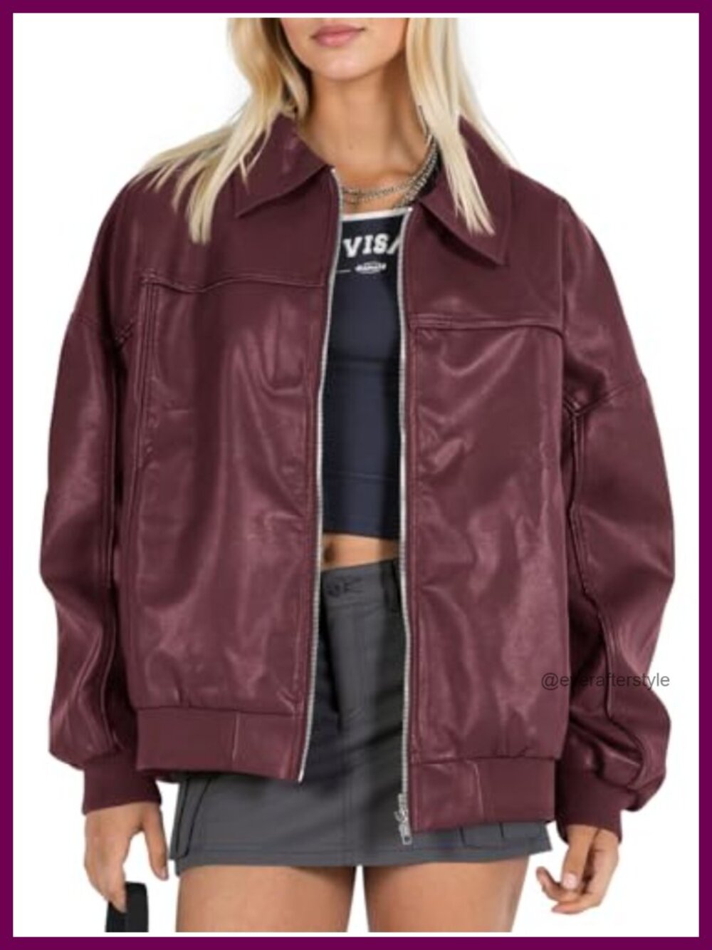 Faux Leather Oversized Bomber Moto Biker Zip Jacket